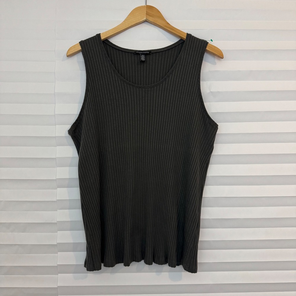 Eileen Fisher Gray Ribbed Tencel Tank Top XL Sleeveless‎ Scoop Neck Minimalist
